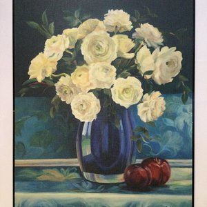 Wood plague wall hanging flowers in vase still life print